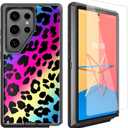 Compatible for Samsung Galaxy S24 Ultra Case Cute Neon Leopard Cheetah Rainbow Case with Screen Protectorfor Women Girls [Military Grade Protection] Heavy Duty Shockproof Case 6.8inch