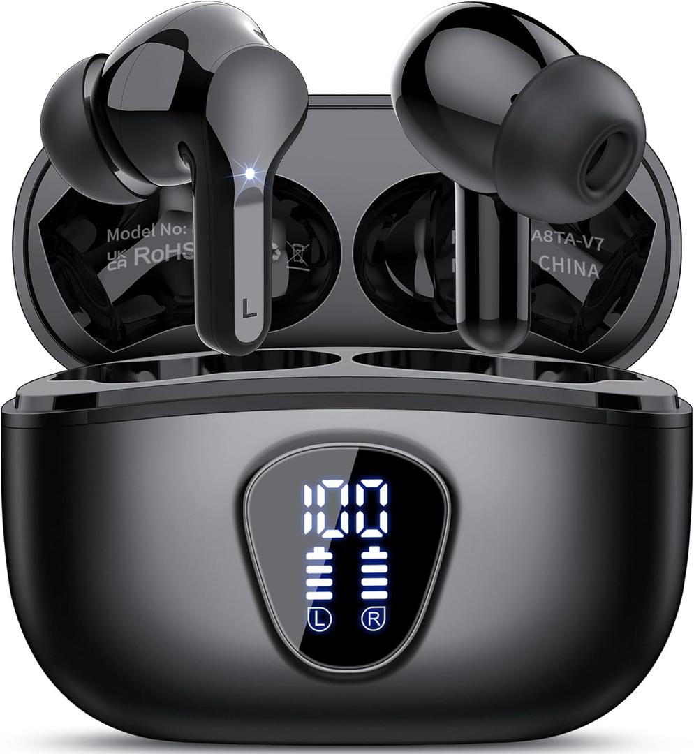 Wireless Earbuds, Bluetooth 5.4 Headphones HiFi Stereo, Bluetooth Earbuds with ENC Noise Cancelling Mic, IP7 Waterproof in Ear Earphones, 48H, LED Display Ear buds for Pad Workout Sports, Black