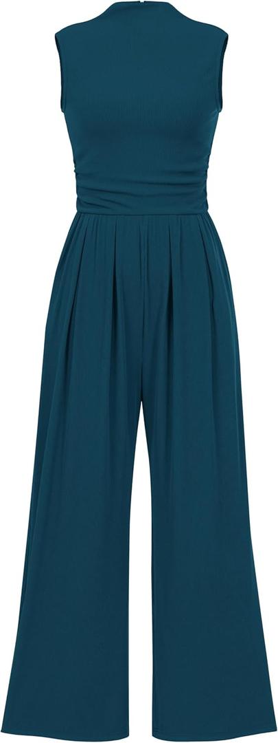 PRETTYGARDEN Womens Summer Jumpsuits Dressy Casual One Piece Outfits Sleeveless Mock Neck Wide Leg Pants Rompers with Pockets (X-Large, Lake Blue)