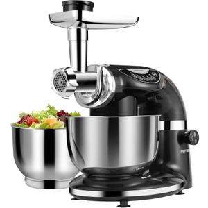 Aifeel Stand Mixer, 8.5QT+ 6QT Two Stainless Steel Bowls Electric Food Mixer, 7 in 1 Multifunctional Kitchen Mixer with Dough Hook, Whisk, Beater, Meat Grinder,Pasta & Cookie Maker-Black