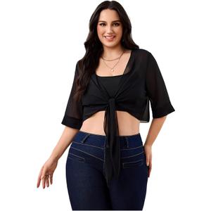 Women's Plus Size Sheer Mesh Chiffon Blouses Tie Front Half Sleeve Crop Cardigan Shrug (Black, L)