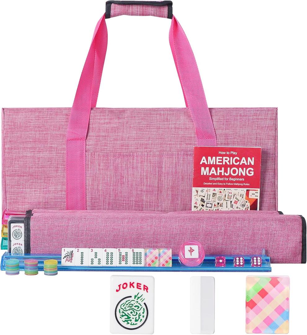 American Mahjong Set,166 Quality Acrylic Tiles with Colorful Prints, 4 All-in-One Color Rack/Pushers, Complete Mahjong Game Set with Carrying Bag (Pink)
