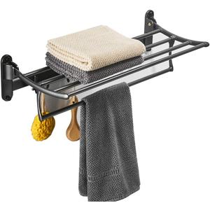 BESy 24 Inch Oil Rubbed Bronze Towel Racks, Bathroom Towel Shelf with Foldable Towel Bar Holder and Towel Hooks, Wall Mounted Multifunctional Bathroom Accessories, Double Towel Bars
