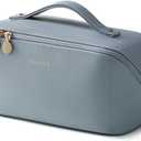 EACHY Travel Makeup Bag, Large Capacity Cosmetic Bag for Women, Waterproof PU Leather, Flat Open Portable Toiletry Bag for Skincare, Brushes & Travel Essentials (AN-Blue)