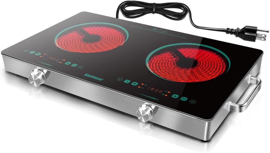 Karinear 2 Burner Electric Cooktop 110V, Portable Electric Stove with Handle, Knob Control Electri Hot Plate, Ceramic Countertop Burner, Timer, Safety Lock, 9 Power Level, 2000W, 24 inch(Green)