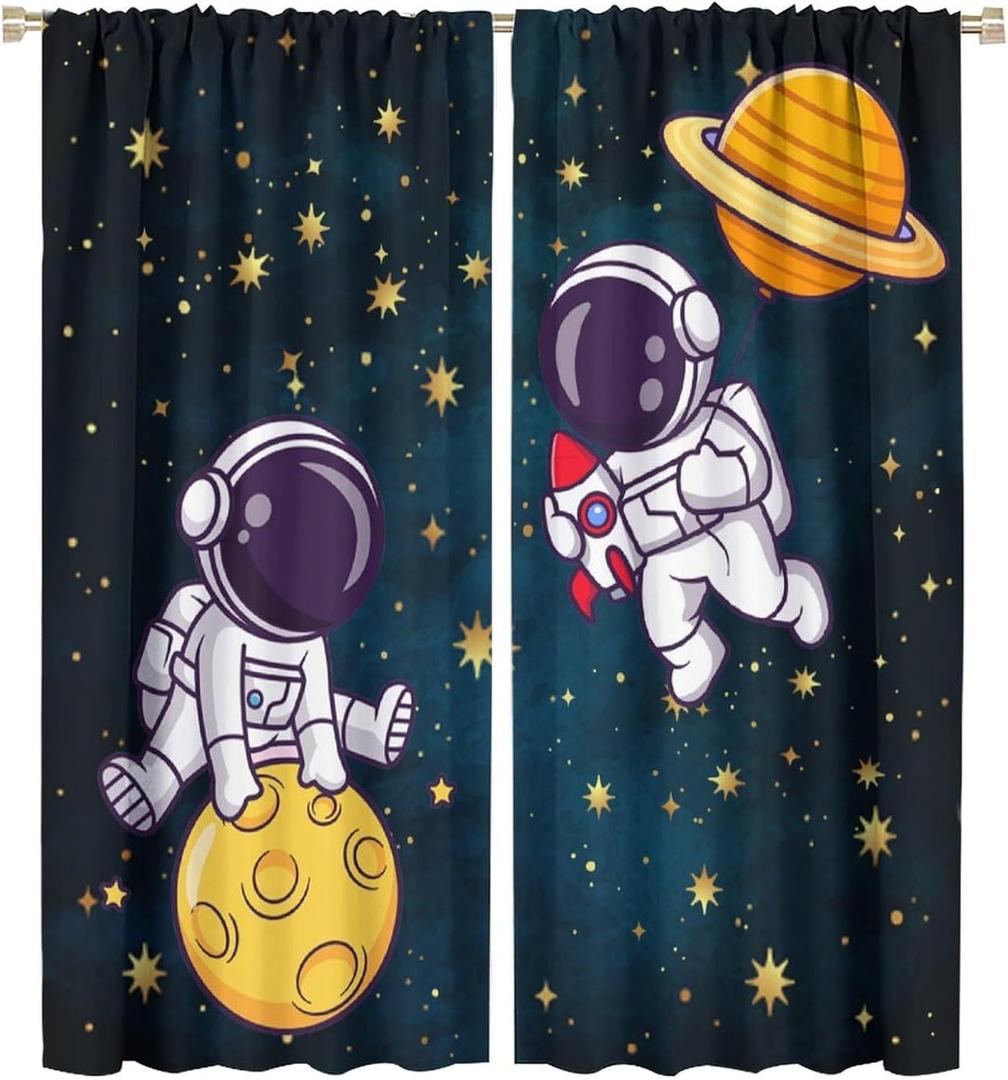 Kids Astronaut Window Curtains, Funny Spaceman Moon Planet Window Treatments for Boys Bedroom Cartoon Galaxy Outer Space Starry Star Window Drapes for Girls Living Room Playroom 42x45in