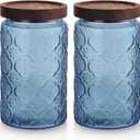 2 pack Decorative Mason Jars with Wooden Lids Colored Glass Kitchen Canister for Coffee Tea Cookie Airtight Vintage Food Storage Container with Embossed Floral Pattern (Blue Crabapple, Large)