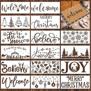Dunzy 16 Pcs Christmas Stencils for Door Mats Crafts Reusable Merry Christmas Welcome Templates Large Stencil for Painting on Wood Sign Wall Doormat DIY Project
