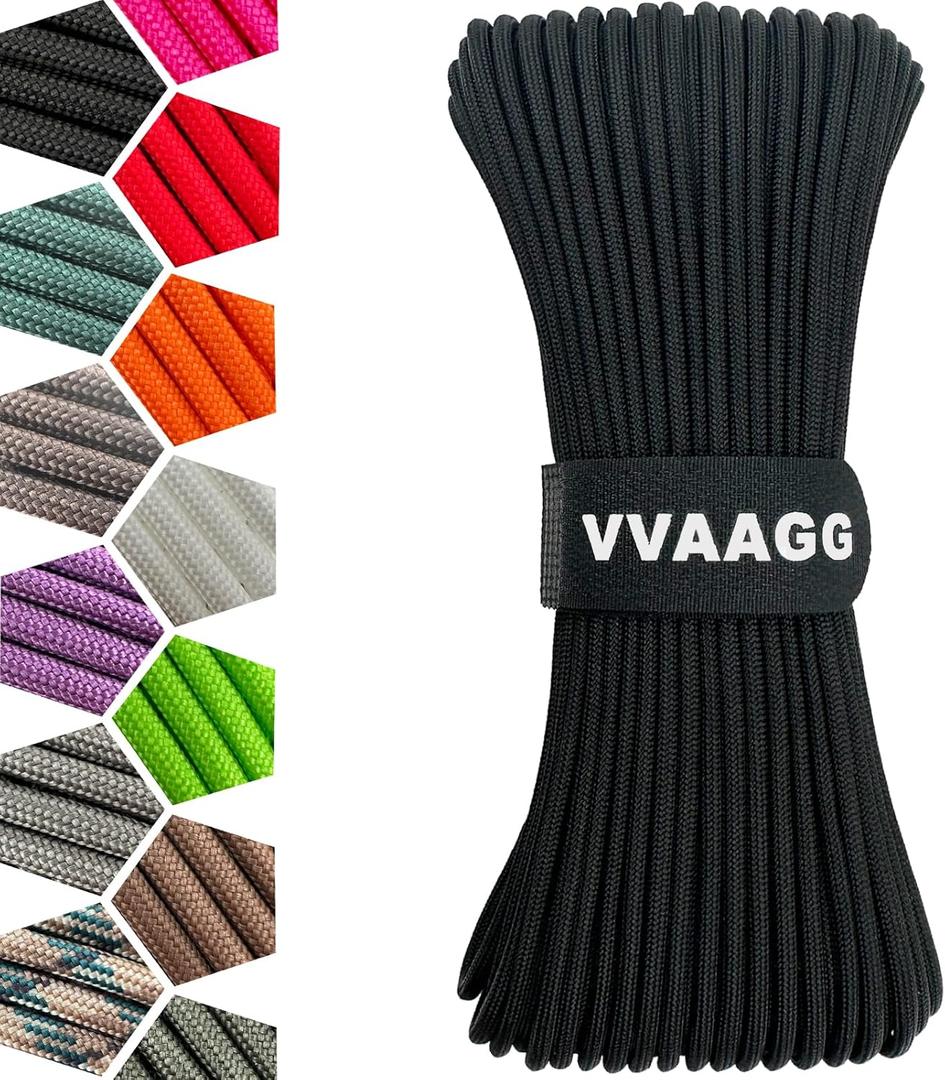 VVAAGG 1000lb Black Paracord Rope 100FT Utility Nylon Heavy Duty 12 Strand Parachute Cord for Camping, Tent, Clothsline, Outdoor Hiking, Fishing, Survival Braceletand, Marine Weatherproof Rope (100FT)