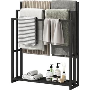 Freestanding Towel Rack, 3 Tier Wide Bamboo Stand with Shelf for Bathroom