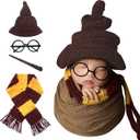 Newborn Photography Props Halloween Wizard Witch Hat Scarf Wand Glasses Frame 4 PCS Set Crochet Baby Photo Prop Halloween Baby Photoshoot Props Halloween Magic Party Cosplay Set
