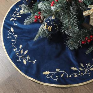 Bunny Chorus Christmas Tree Skirt, 36 inches Large Velvet Fur Plush Blue Tree Skirt, Xmas Tree Skirts with Gold Embroidered Holly Leaf for Merry Christmas Party Christmas Tree Decorations