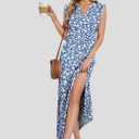 AUSELILY Women's V Neck Maxi Dresses, Straight-Cut Wrinkle-Free, Loose Split Sleeveless Vacation Dress with Pockets 2026 (Blue, XXL)