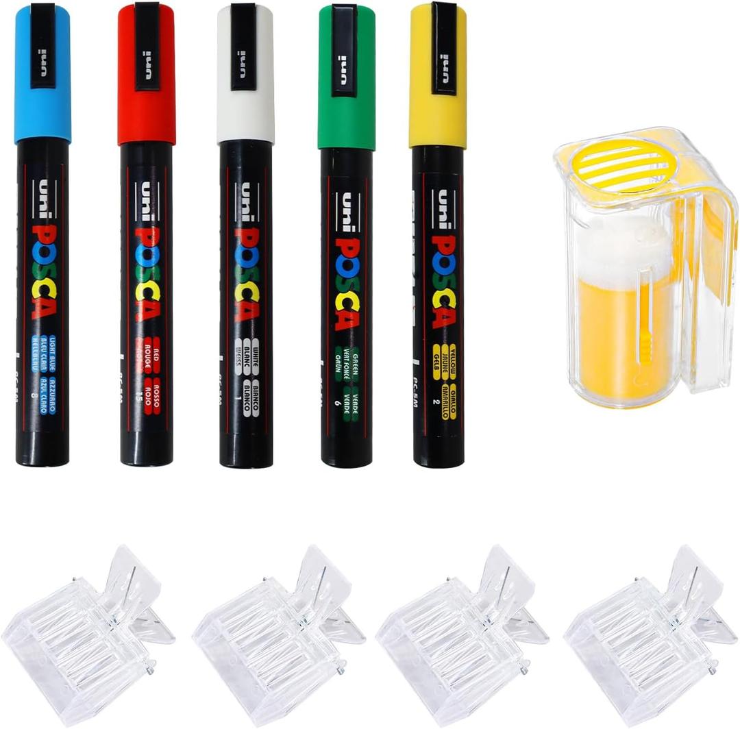 BeeCastle 10pcs Queen Bee Marking Kit, 5 POSCA Queen Bee Marker Pens(Green, Blue, Yellow, White and Red), 4 Queen Bee Catcher Cage Clips and 1 Queen Bee Marking Bottle for Beekeeping Supplies