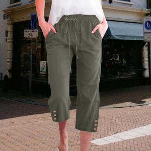 Womens Summer Capris Pants Causal Drawstring Elastic Waist Pants Lightweight Trousers Buttons Trim with Pockets