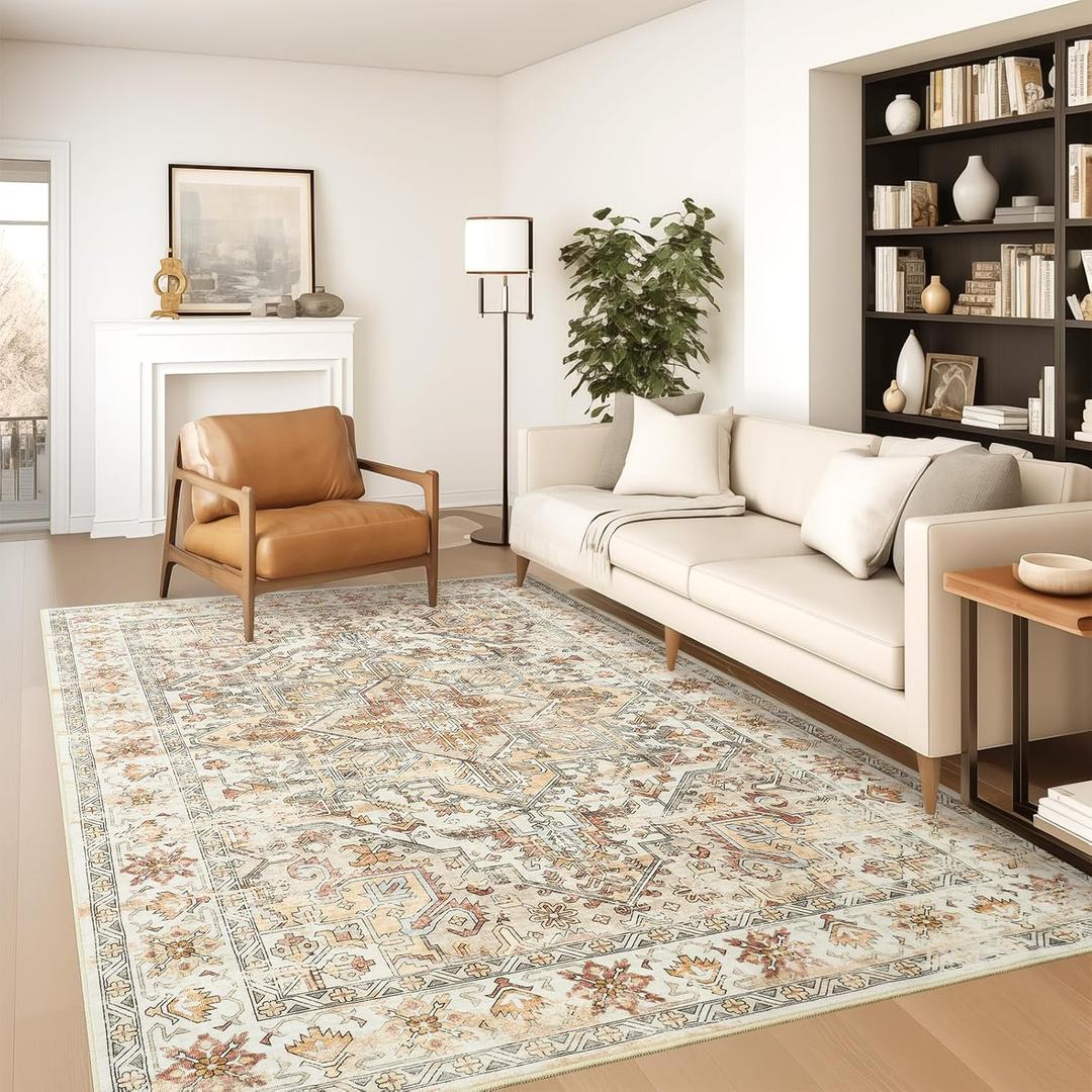 zesthome 5x7 Washable Rug-Stain Resistant Area Rugs for Living Room, Ultra-Thin Vintage Rugs, Non-Slip Backing Rug, Low Pile Large Area Rug, Boho Home Decor (Orange/Beige)