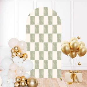 6.6FT Wedding Arch Backdrop Cover Muted Sage Green Gingham Check Seamless Cottagecore Rustic Fabric for Spandex Fitted Round Top Backdrop Stand Cover for Birthday Party Ceremony Banquet Decoration (Pattern10)