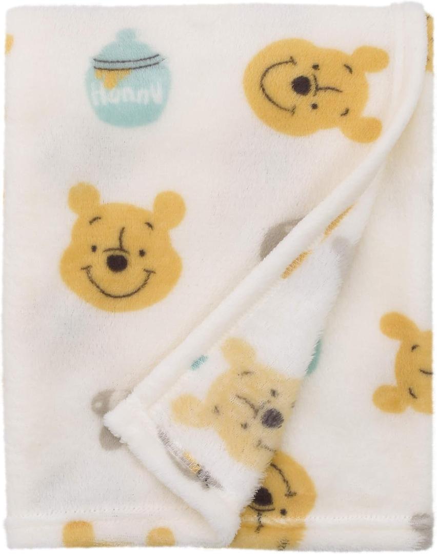 Disney Winnie The Pooh - Ivory, Yellow & Aqua Super Soft Plush Baby Blanket, Ivory, Yellow, Aqua