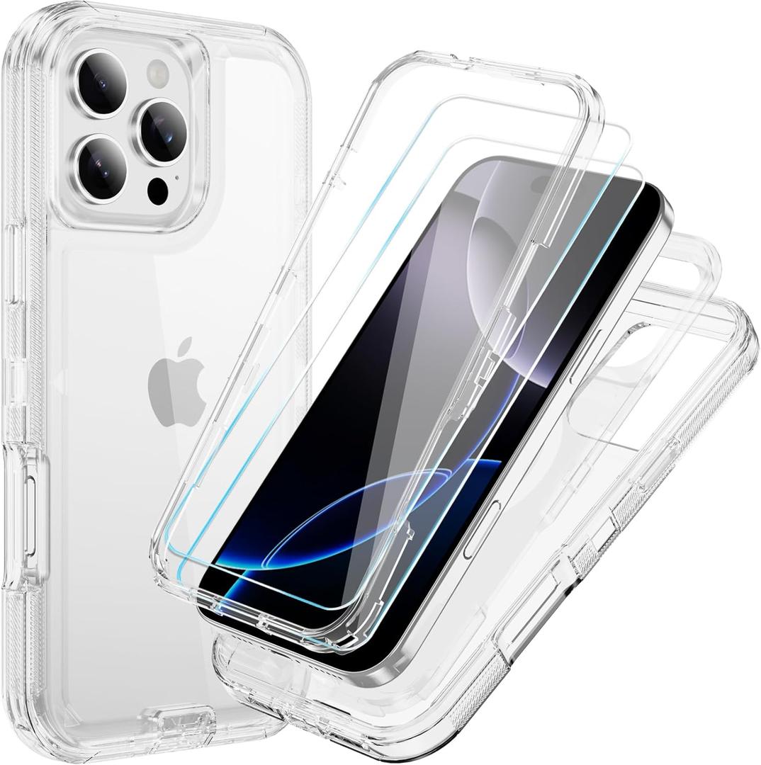 Compatible with iPhone 16 Pro Case with HD Screen Protector, Heavy Duty Shockproof [3 in 1] Clear Phone Cases for iPhone 16 Pro 6.3" (Clear)