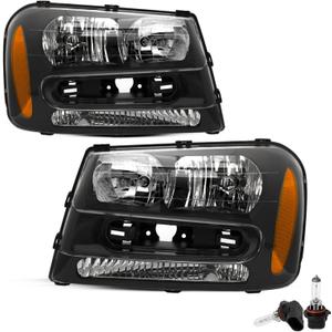 JSBOYAT Headlight Assembly with Bulbs Replacement for 2002-2009 Chevy Trailblazer Passenger and Driver Side, Black Housing with Amber Reflector