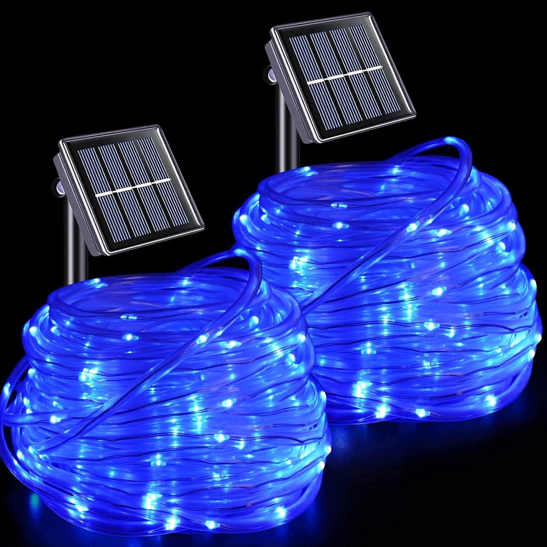 YEGUO Solar Rope Lights Outdoor Waterproof, 2 Packs Each 33ft 100 LED String Lights, 8 Modes Fairy Lights in Clear Thin Tube for Camping Fence Patio Garden Trampoline Deck(Blue)