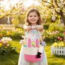Pro Goleem Easter Basket for Kids, Adorable Woven Egg Hunt Bucket with Handle, Soft First Easter Gift Tote Bag, Nursery Toy Storage Bin with Tag(Pink)