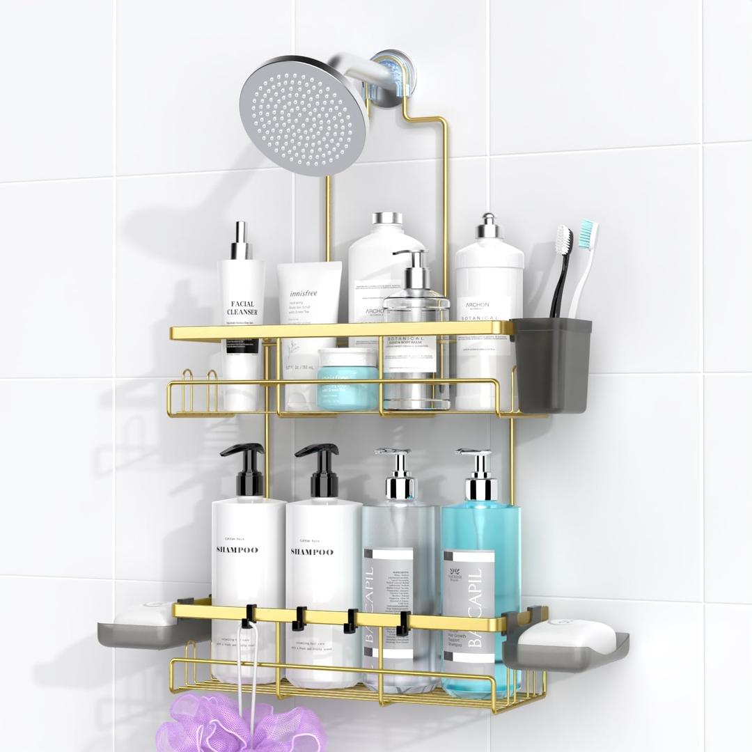 Shower Caddy Hanging Bathroom Organizer: Rustproof Shelf for Inside Shower - No Drilling Racks Over Showerhead - Bath Shelves for Shampoo Soap Gold