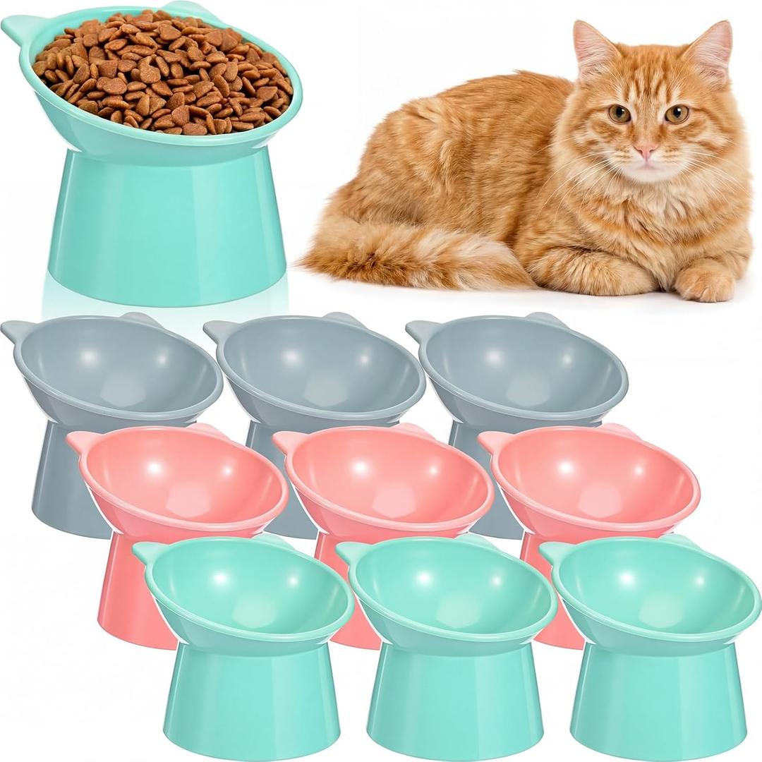 9 Pcs Plastic Raised Cat Bowls Bulk Elevated Tilted Dishes 15 Degrees Tilted Anti Vomiting Friendly Food Water Feeder Pet Slanted Stand Bowl for Indoor Cats Shelter(Cute,Pastel Color)