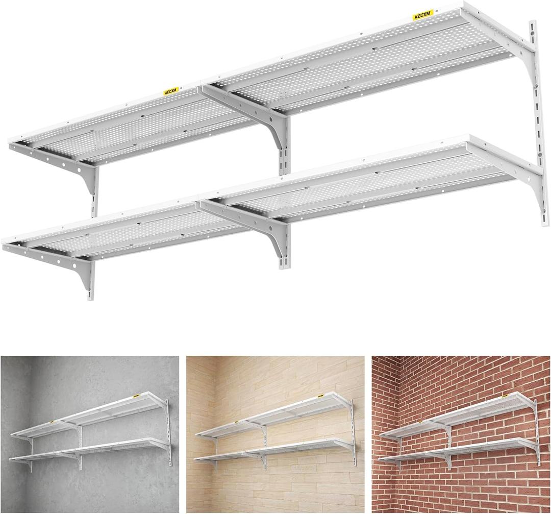 Aecxm 2-Pack 2 Tier 1.3x3ft Garage Shelving Wall Mounted, 500lbs Load Capacity，15.6x36inch per Shelf Height Cassette Adjustable Floating Shelves White, 4pack-1.3x3ft