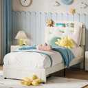 IDEALHOUSE Twin Bed Frame for Kids, Upholstered Platform Bed with Large Storage Drawer and Bookcase Headboard, Girls Boys Bed, Noise-Free, Easy Assembly, No Box Spring Needed, Cream White