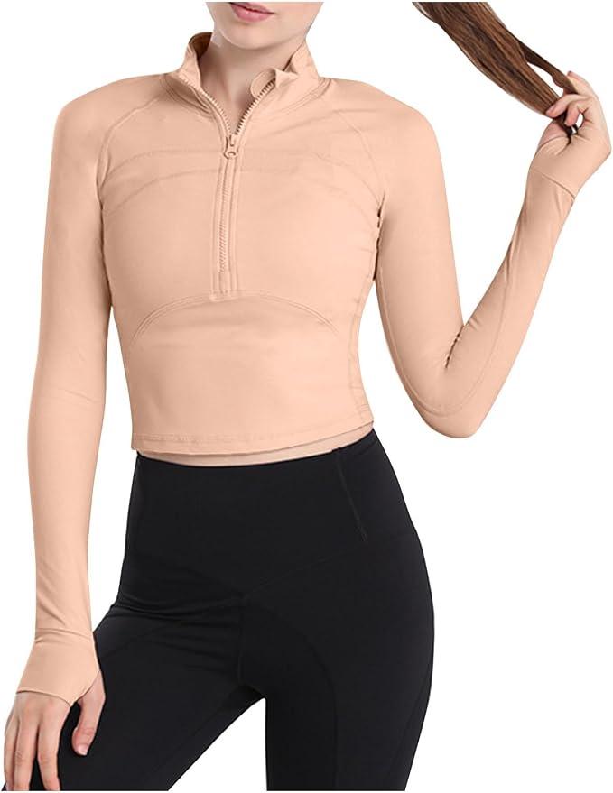 Women's Cropped Workout Jackets 1/2 Zip Windproof Pullover Running Athletic Shirts Slim Fit Long Sleeve Yoga Tops, Small
