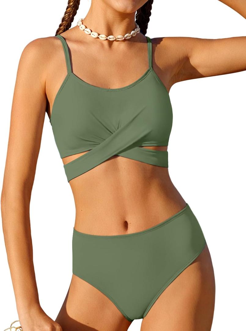 AGERWAY Girls Swimsuit Bathing Suits Criss Cross Bikini Set Two Piece Girls' Swimwear Solid Color Bathing Suit 7-16T (13-14 Years, Green)