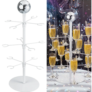 Therwen Cocktail Tree Stand for Drinks, 3 Tier Disco Ball Metal Drinks Stand for Disco DJ 70s Retro Dance Party 12 Holders Champagne Martini Margarita Glass Holder for Holiday Party Decor