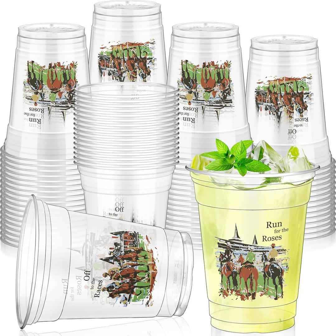 Pickmesh 100 Pcs Derby Plastic Cups Bulk 12 oz Derby Day Decorations, Run for The Roses, Horse Racing Disposable Tumblers Clear Mint Julep Cups for Horse Racing Party Favors Decorations