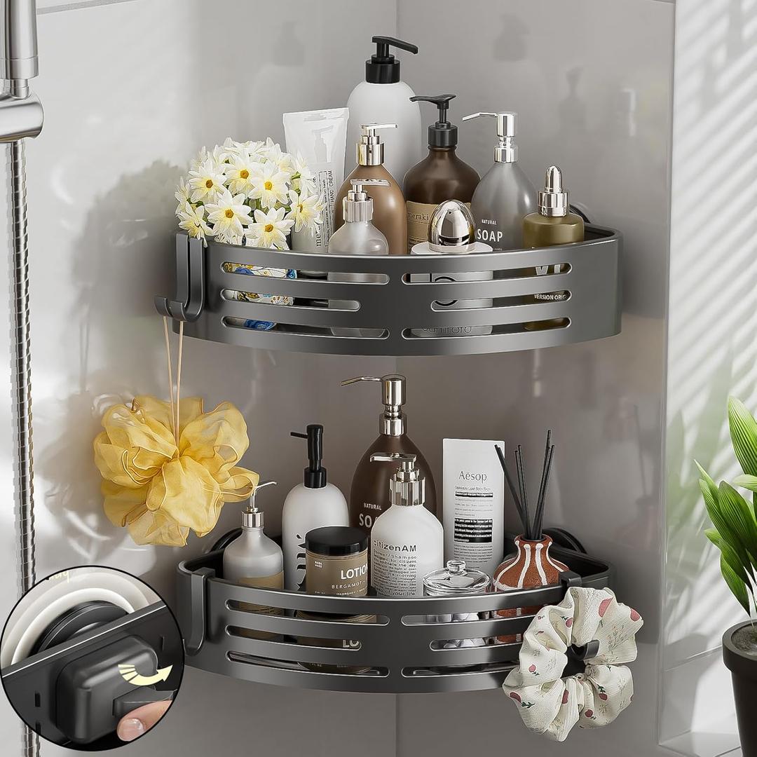 Corner Shower Caddy Suction Cup, Shower Shelves with Hooks, No Drilling Powerful Suction Bathroom Organizers and Storage, Removable Waterproof Rustproof Plastic/ Metal Shower Bathroom Accessories Decor (Grey, Pack of 2)