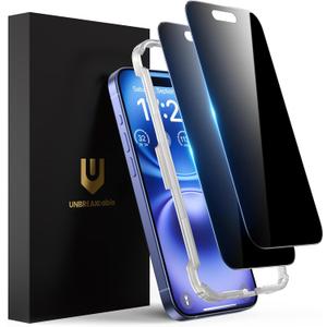 UNBREAKcable Privacy Screen Protector for iPhone 16, Anti-Spy Shatterproof Tempered Glass [True 28Anti Spy] [9H Hardness] [Easy Installation Frame] Black Protector for iPhone 6.1" - 2 Pack