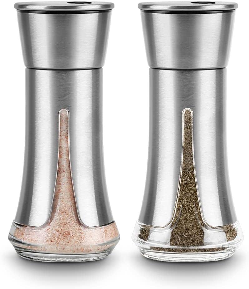 Salt and Pepper Shakers by Aelga - Salt Shaker with Adjustable Pour Holes for Himalayan, Kosher (Silver)