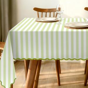 Whaline Scalloped Edge Green Striped Tablecloth Waterproof Fabric Tablecloth Rectangle Table Cover for Home Kitchen Table Decoration, 55 x 70 Inch (Light Green & White)