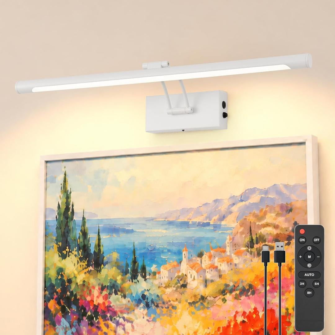 White Battery Operated Picture Light for Wall, 23.6-Inch Wireless Rechargeable LED Paintings Light with Remote, Dimmable Art Display Light for Gallery Poster Frame Bedroom Hallway