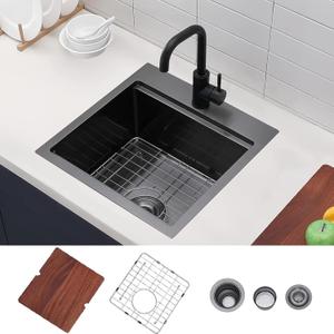 21x20 Inch Black Drop In Kitchen Sink Workstation, 21 Inch Topmount Gunmetal Black Bar Sink 16 Gauge Stainless Steel Handmade Single Bowl Small Kitchen Sinks for RV Wet Prep with Accessories
