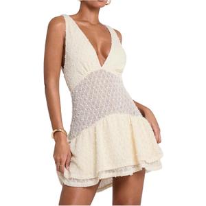 SOLY HUX Women's Summer Crochet Knit Mini Dress Deep V Neck Sleeveless Ruffle Layered A Line Vacation Party Dresses (L)