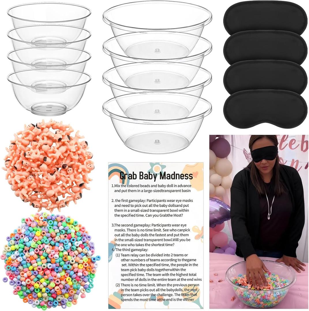 4 Sets 75 Pcs Baby Shower Games Funny Activities Include 8 Clear Basins Bowls 4 Blindfolds 60 Mini Babies 2 Light Color Mixed Beads and Card, Funniest Bridal Shower Game, Grab Baby Madness