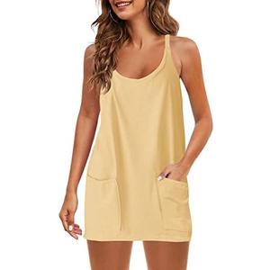 Panadila Womens Summer Sleeveless Mini Dress V Neck Spaghetti Strap Sundress Athletic Short Dress with Pockets, M