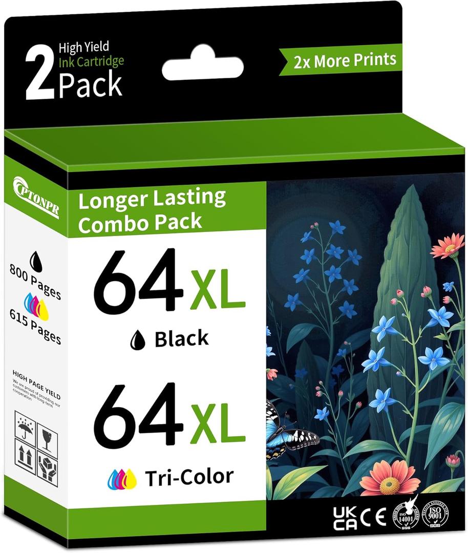 64XL Ink Cartridges High Yield Combo Pack (2-Pack, Black, Tri-Color) Replacement for HP 64XL Envy Photo 7858 7855 7155 6255 6252 6230 7120 7158 Envy 7255e 7955e 7958e Printer