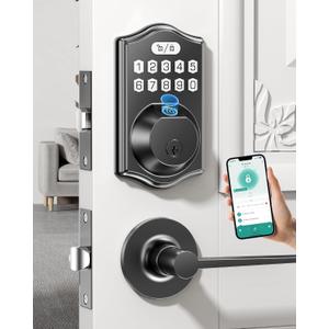 Electronic Door Lock for Family: Keyless Entry Deadbolt & Handle Set  0.3s Fingerprint & 100 Codes  Weatherproof for Front Door  Smart Lock with Digital Keypad Auto-Lock (Black)