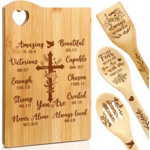 4 Pcs Christian Gifts for Women Mom Bible Verse Bamboo Cutting Board Faith Religious Spatula Spoon Set Catholic Inspirational Gifts for Mother's Day Christmas Birthday(Always Loved)