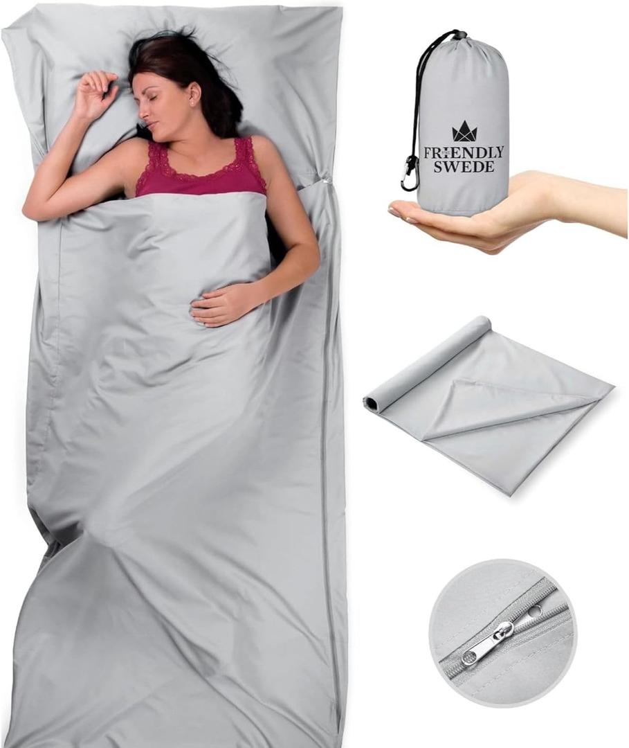 The Friendly Swede Sleeping Bag Liner  Ultralight Polyester or Cold Weather Microfiber Adult Sleep Sack- Camping Sheets - Travel Sleeping Bag with Pocket-Size Stuff Sack (Grey Microfiber - with Zipper - XL)