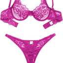 Sexy Scallop Floral Lace Mesh Sheer Underwire Lingerie Set 2 Piece (3X-Large, Hot Pink)