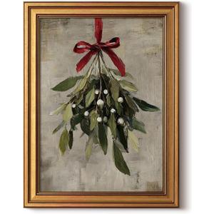 InSimSea Gold Framed Christmas Wall Art, Vintage Canvas Prints Decor, Mistletoe Paintings Wall Shelf Decor, Farmhouse Pictures for Winter Bedroom Holiday Decoration Gifts, 12x16inch