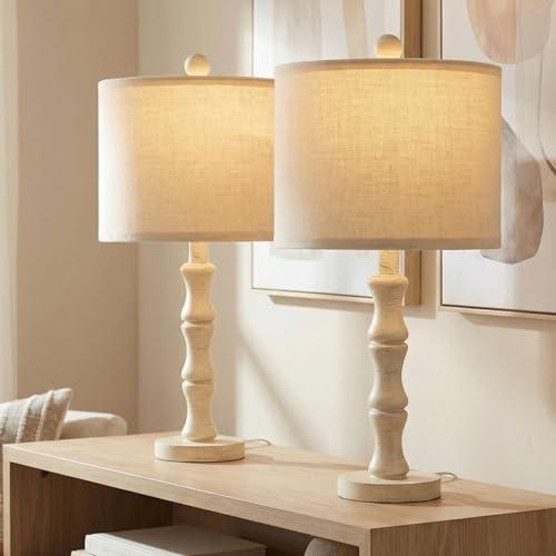 BOBOMOMO 20.5" Farmhouse Bedside Lamps Set of 2, Vintage Nightstand Lamps with Antique White Resin Base & Linen Shade, Small Table Lamps for Bedroom, Living Room, Nursery & Light Neutral Home Décor
